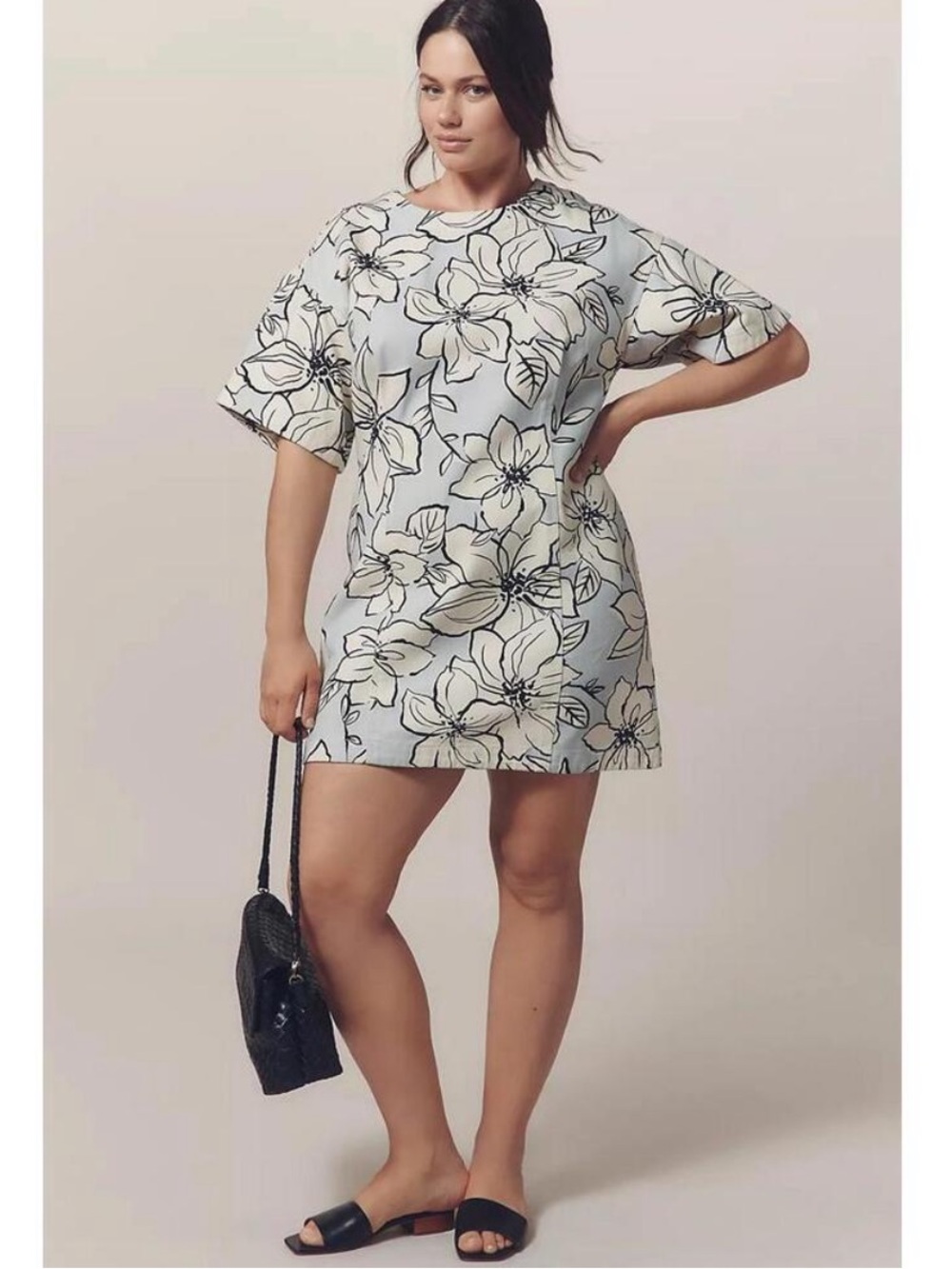 Anthropologie Dhruv Kapoor Short-Sleeve Denim Mini Dress Floral Women Size 2X